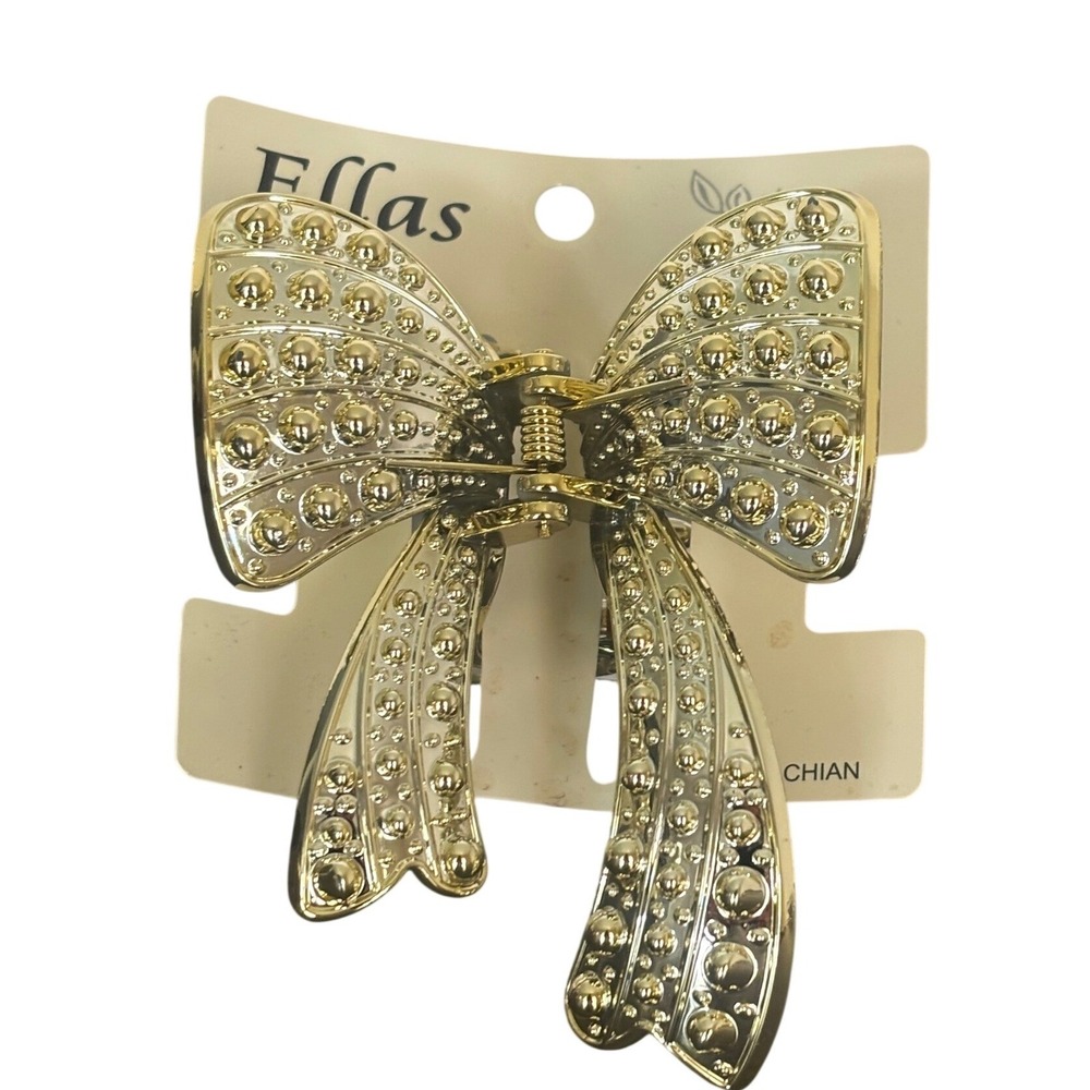 Ellas Gold Metallic Bow Hair Claw Clip Studded Textured Accessory
